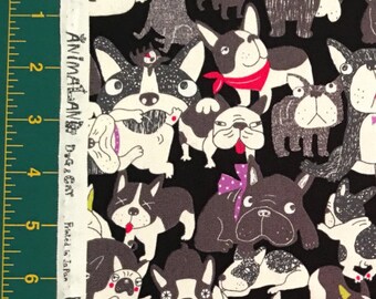 Bulldogs on Black - Japanese Fabric - Cotton Oxford - Westex AnimaLand - HALF YARD