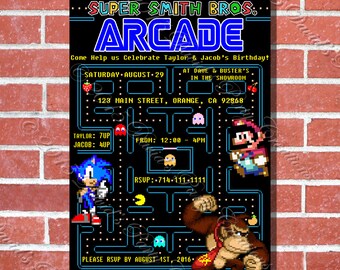 Super Mario & Pac Man Retro Arcade Custom Birthday Invitation