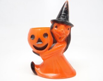 Vintage 1950's Halloween Candy Container, Rosbro Witch Holding a Jack-o-lantern