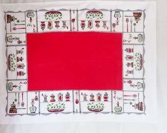 Vintage Red Tablecloth Kitchen Table Linens Sun Glo Salt and Pepper Retro Table Cloth 1950's 1960's Mid Century Textiles Vintage Linens