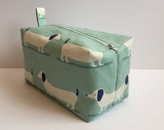 Large box makeup bag/ travel bag/ wash bag, made with cotton linen fabric and fully lined with water proof fabric