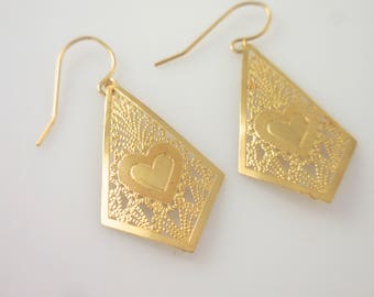 Gold Filigree Earrings, 14 K Yellow Gold Long Dangle, Heart Earrings, Geometric Filigree Earrings, Gold Lace Earrings, Gold Dangle Earrings