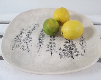ceramic plate with plants, relief platter, organic plate, appetizer with plants, handmade ceramic tray, serving plate, decorative plate