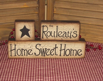 Personalized primitive family wood blocks shelf sitter farmhouse country housewarming hostess gift handmade custom sign home sweet home