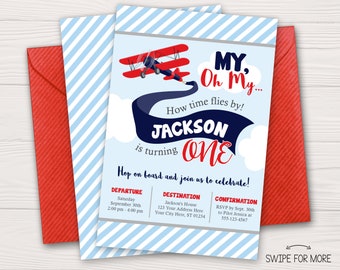 Airplane Birthday Invitation | Airplane Invitation | Airplane Birthday Party | Baby Blue, Red, Navy, Gray | Personalized and Printable