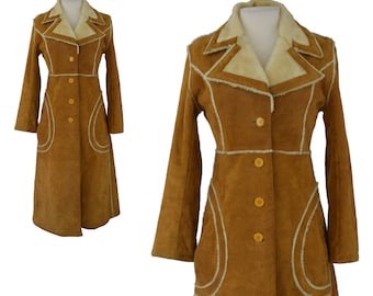 1970s Coat, 70s Boho Coat, Bohemian Coat, Camel Brown Suede Princess Coat, Tan Coat, Real Leather, Faux Shearling, Full Length Coat, Medium