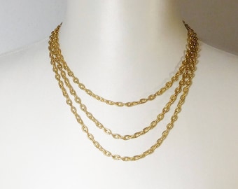 Gold Tone Layered Chain Necklace, 3 Graduated Strands, Vintage Costume Jewelry