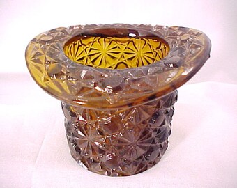 Vintage Top Hat Toothpick Holder, Amber Glassware Daisy and Button Q Tip Holder, Old Pressed Glass Collectible Home Decor Novelty Vase