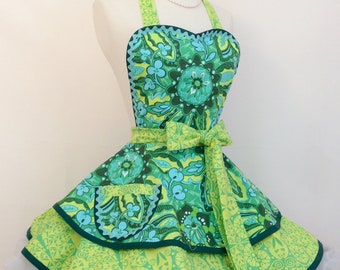 Wild Orchids Pin Up Apron, Organic Cotton Floral / Womans Retro Apron- Ready To ship, Woman's Apron. Kawaii