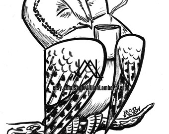 PRINT - Coffee Bliss - cute owl drinking coffee, tea, ink drawing, INKtober art, bird art