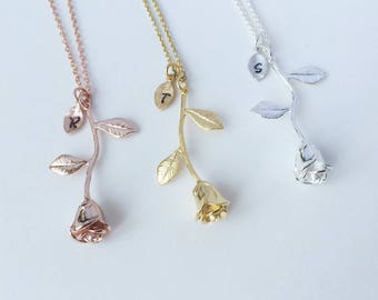 Rose Necklace, rose flower leaf, Anniversary Gift, Personalized Bridesmaid gift, Initial Necklace, Valentine Gift,Lovely Flower, Lovers gift