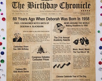 60th Birthday Gifts, Personalized, Headline News Print, Time Capsule, Newsletter Style, 1958 Birthday Gift, Chronicle, 60th Milestone Gifts