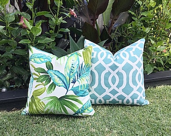Outdoor Cushions, Tropical Outdoor Cushion Covers, Aqua, Seneca Caribe Pillow Covers, Cushion Covers, Tropical Pillows