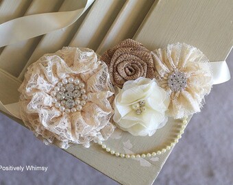 Burlap Sash, Rustic Sash, Rustic Wedding Sash, Rustic Flower Sash, Flower Girl Sash, Maternity Sash, Burlap Sash, RTS, Cream, Ivory, Burlap