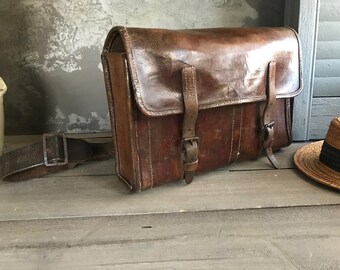 French Leather Work Bag, Satchel Briefcase Telegraph La Poste Postal, Chestnut Brown Messenger