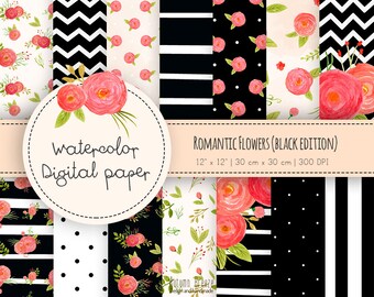 Floral digital paper, watercolor floral digital paper, black digital paper, wedding flowers, romantic digital paper, digital paper pack
