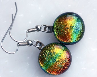 Green Flash Sunset Drop Earrings, Fused Glass Dangle Earrings, E0126, GetGlassy
