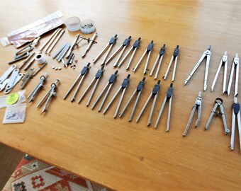 Vintage drafting compass huge lot Hearlihy Vemco Teledine Post Italy Germany points parts screws cases drafting drawing engineering tools
