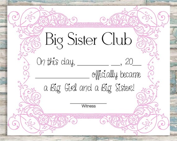 Big Sister Certificate Big Sister Club Color Options