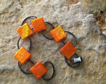 Orange Fused Glass Bracelet, Dichroic Fused Glass Link Bracelet, Orange Sparkle Bracelet