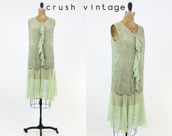 20s Beaded Dress XS / 1920s Vintage Silk Dress Sequins / Verona Mint Dress