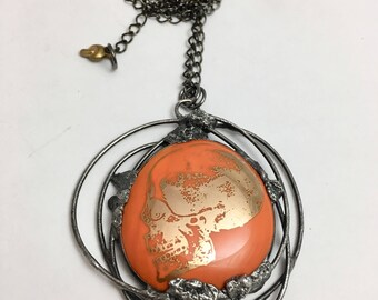 Orange Fused Skull | Gold Skull | Stained Glass Pendant | Eclectic Jewelry