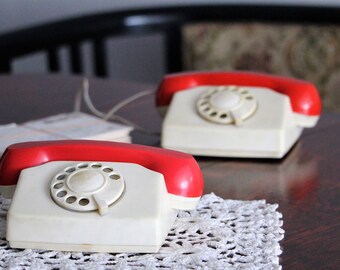 Childrens Rotary Phones - Toy Phones - Vintage Rotary Dial Telephones - White and Red Phones - Childrens Room Decor - Kids Room Decor