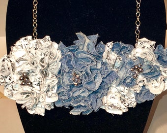 Denim and black and white Pom Pom necklace
