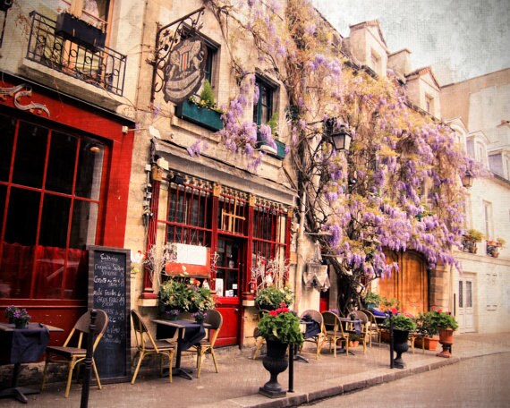 Romantic street and restaurant in Paris France. Instant