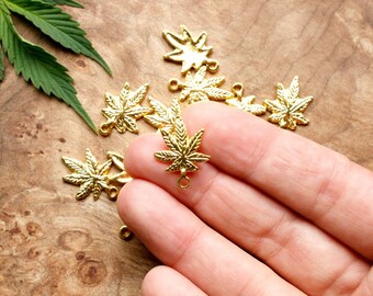 10 Bright Gold Finish Cannabis Leaf Shaped Charms - 15mm x 21mm - Lead-Free Zinc Alloy - Ganja, Weed, Marijuana, Maryjane, 420, Pot, MMJ
