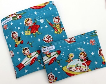 Retro Rocket Space Eco Friendly Reusable Sandwich and Snack Bag Set