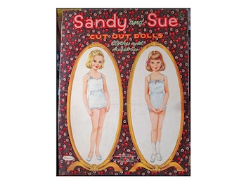 Vintage 1960s Paper Doll Folder 1963 Cut Sandy and Sue Paperdolls by Whitman