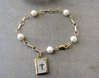 Gold Cross Locket, Gold Locket Bracelet, Heavy Gold Chain, Vintage Charm, Chunky Chain, Gold Pearl Bracelet, June Birthstone, Book Locket