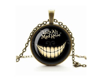 Cheshire Cat Necklace, All Mad Here Pendant, Glass Cameo Cabochon Tile Necklace, Alice in Wonderland Jewellery, Grinning Cat, Gift For Her