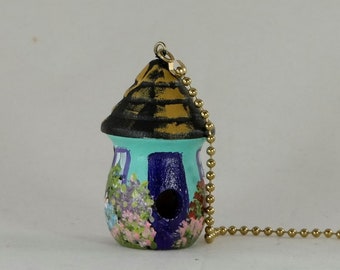 Light / Fan Pull Hand Painted Aqua and Purple with Lots of Flowers