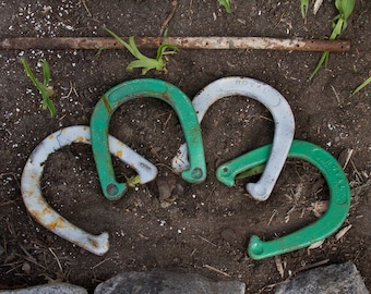 Vintage Set Of Horse Shoes With Post, Rustic Decor, Old HorseShoes, Lucky Green and White, Backyard Camping Party Fun and Games