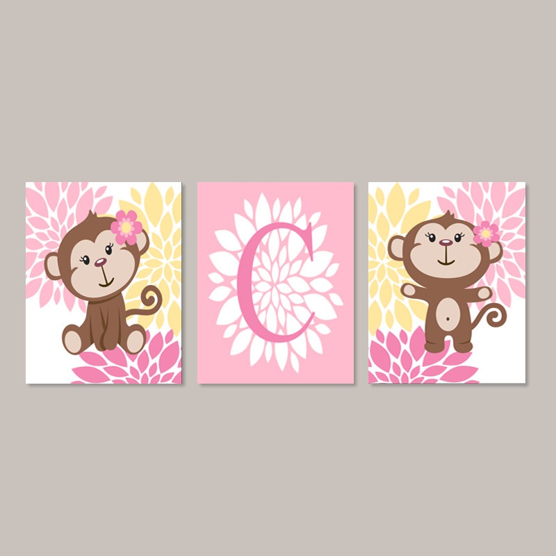 Girl MONKEY Nursery Pink Nursery Art Set of 3 Prints Or