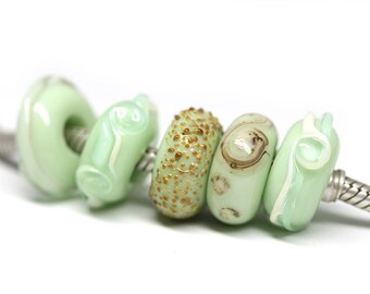 Mint green bracelet beads Lampwork glass large hole European style beads Light Green charm beads Murano glass by MayaHoney SRA