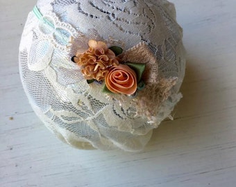Fall Mint Julep - Mint Blush Pink Cream Peach Lace Headband - Vintage - Flowers - Girls Newborns Baby Infant Adults