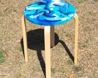 Resin Art Side Table or Stool. Blues