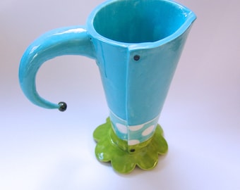 pottery polka dot pitcher or vase whimsical Alice in Wonderland lime & turquoise Mad Hatter tea pitcher
