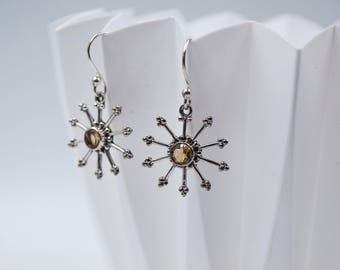 Amber sunburst silver and topaz earrings