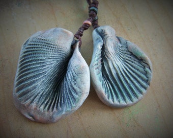 Blue Clay Shells, Blue Fossils, Pink, Primitive Charms, Rustic Beads, Blue Beads, earthy, D1098