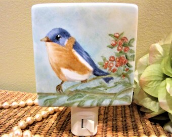 Night Light Bird Blue Plug in Lamp Lighting Porcelain Ceramic Hand Painted blm