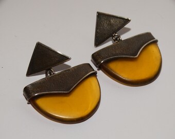 Sterling Silver Stamped Amber Plastic Glass Dangling Earrings.