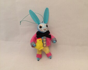Spun Cotton and paper Vintage style Bunny Rabbit with chick feather tree ornament by Maria Paula