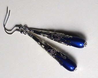 Earrings long Pearl drops hand made silver dark blue