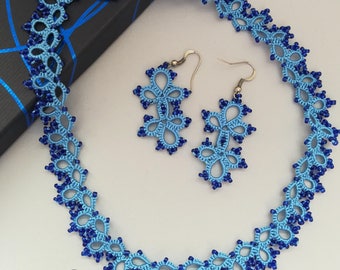 Light blue tatted necklace and earrings
