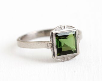 Green Tourmaline Ring - Vintage 1.48 CT Green Gemstone Platinum & White Gold - Size 7 3/4 Pin Conversion Fine Emerald Cut Engagement Jewelry