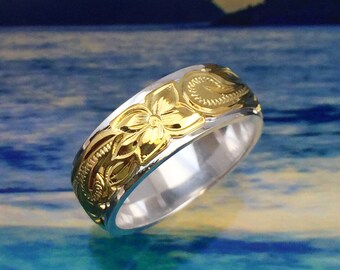 Sterling Silver & Yellow Gold Hawaiian Ring Band with Plumeria Design (R532)
